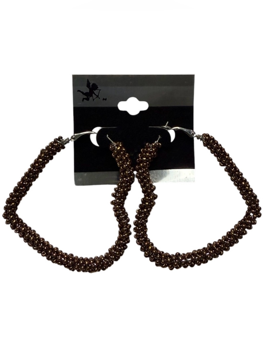 Brown Metal Bead Chained Heart Dangle Earrings